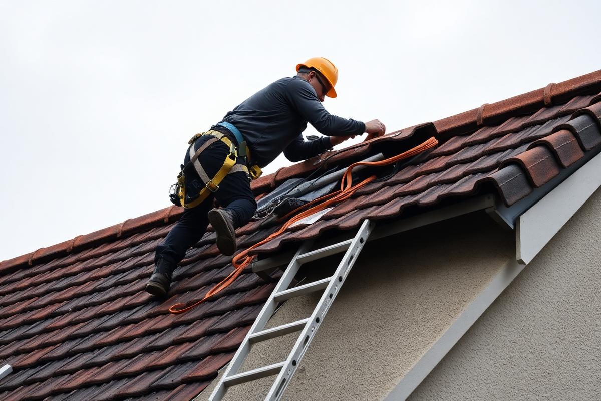 Dachdecker tauscht gebrochene Dachziegel nach Sturmschaden